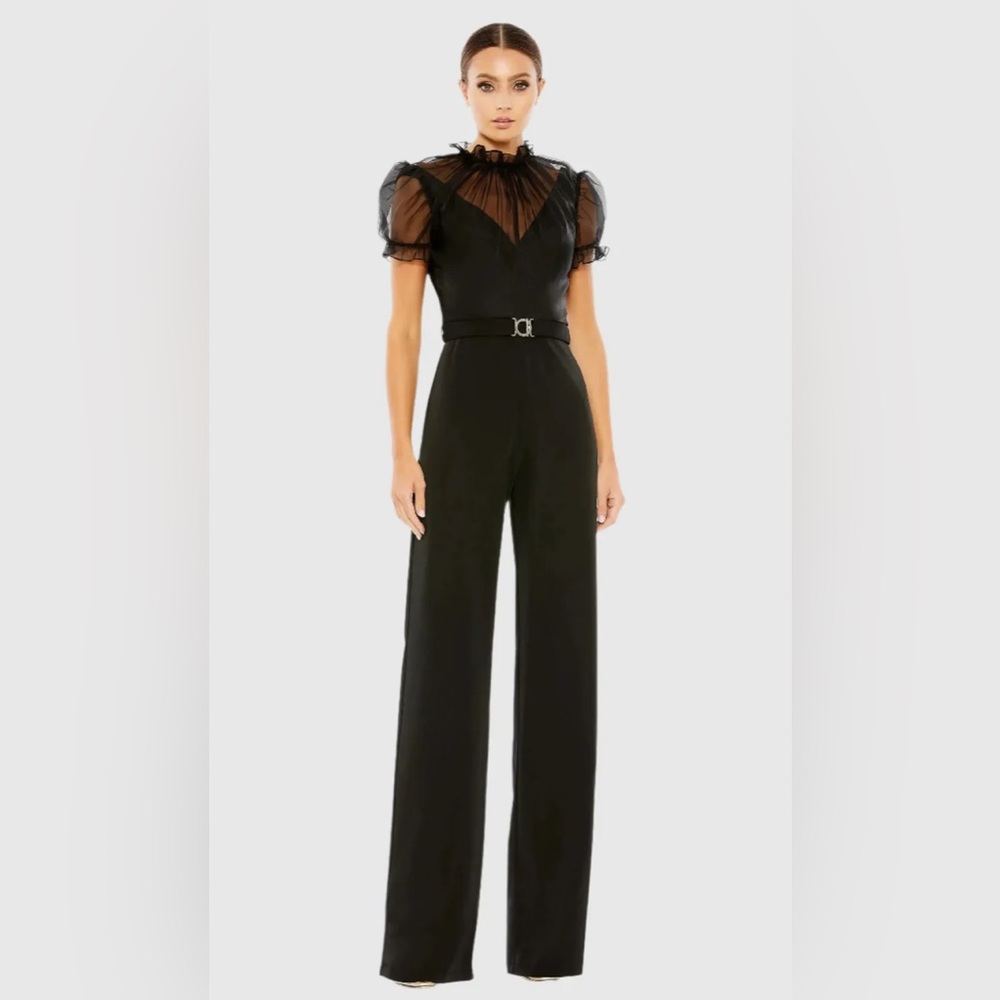 Black Belted Illusion High Neck Cap Sleeve Jumpsuit